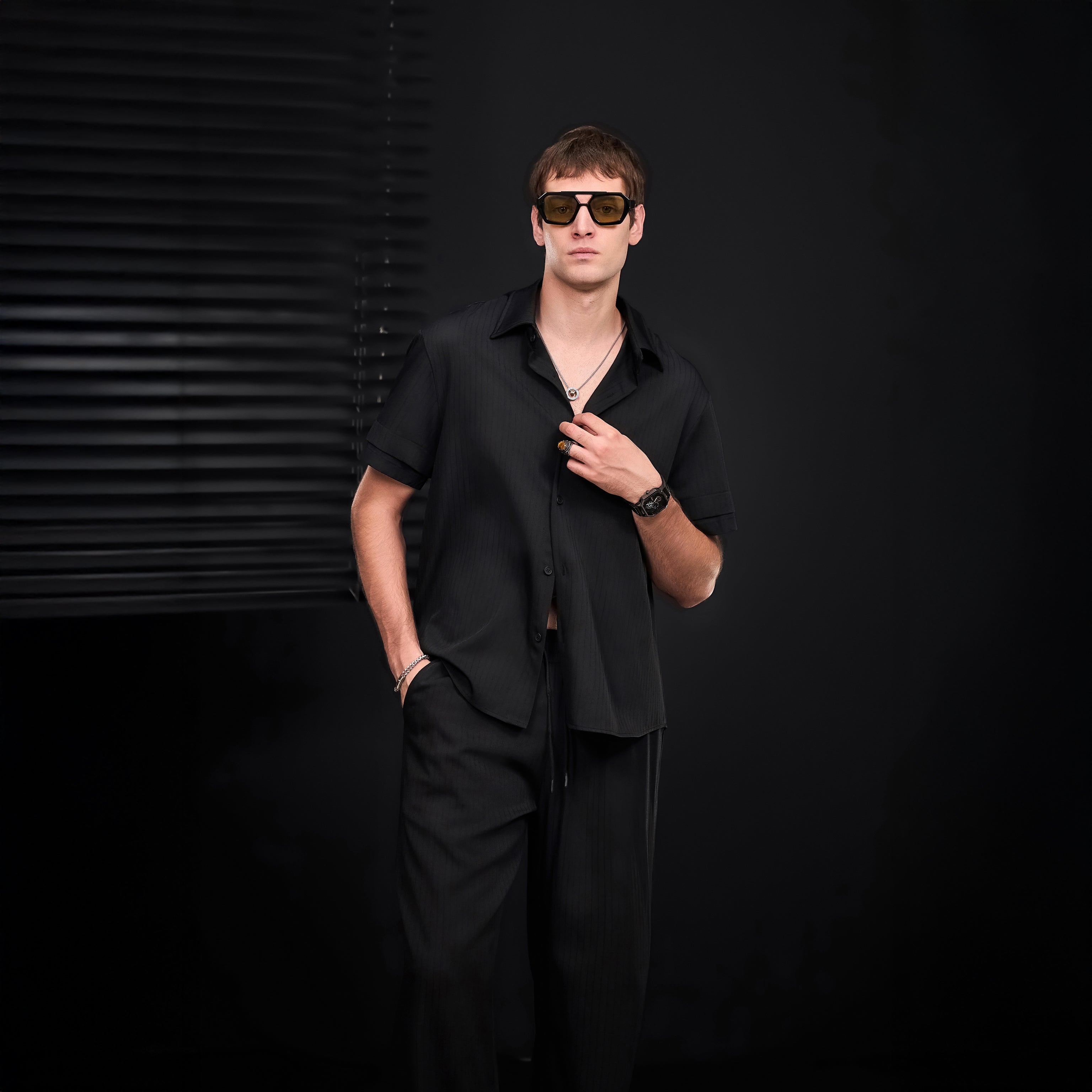 Flow Set – Textured Short Sleeve Shirt & Pant BLACK