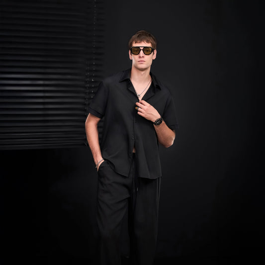 Flow Set – Textured Short Sleeve Shirt & Pant BLACK