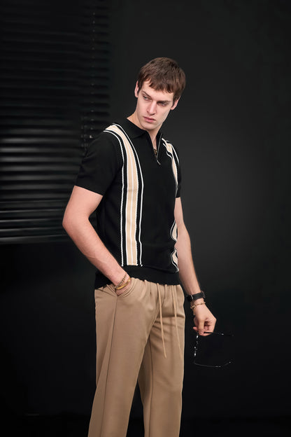 Retro Stripe Zip Knit Polo BLACK/KHAKI