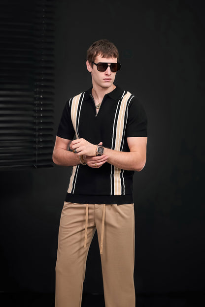 Retro Stripe Zip Knit Polo BLACK/KHAKI