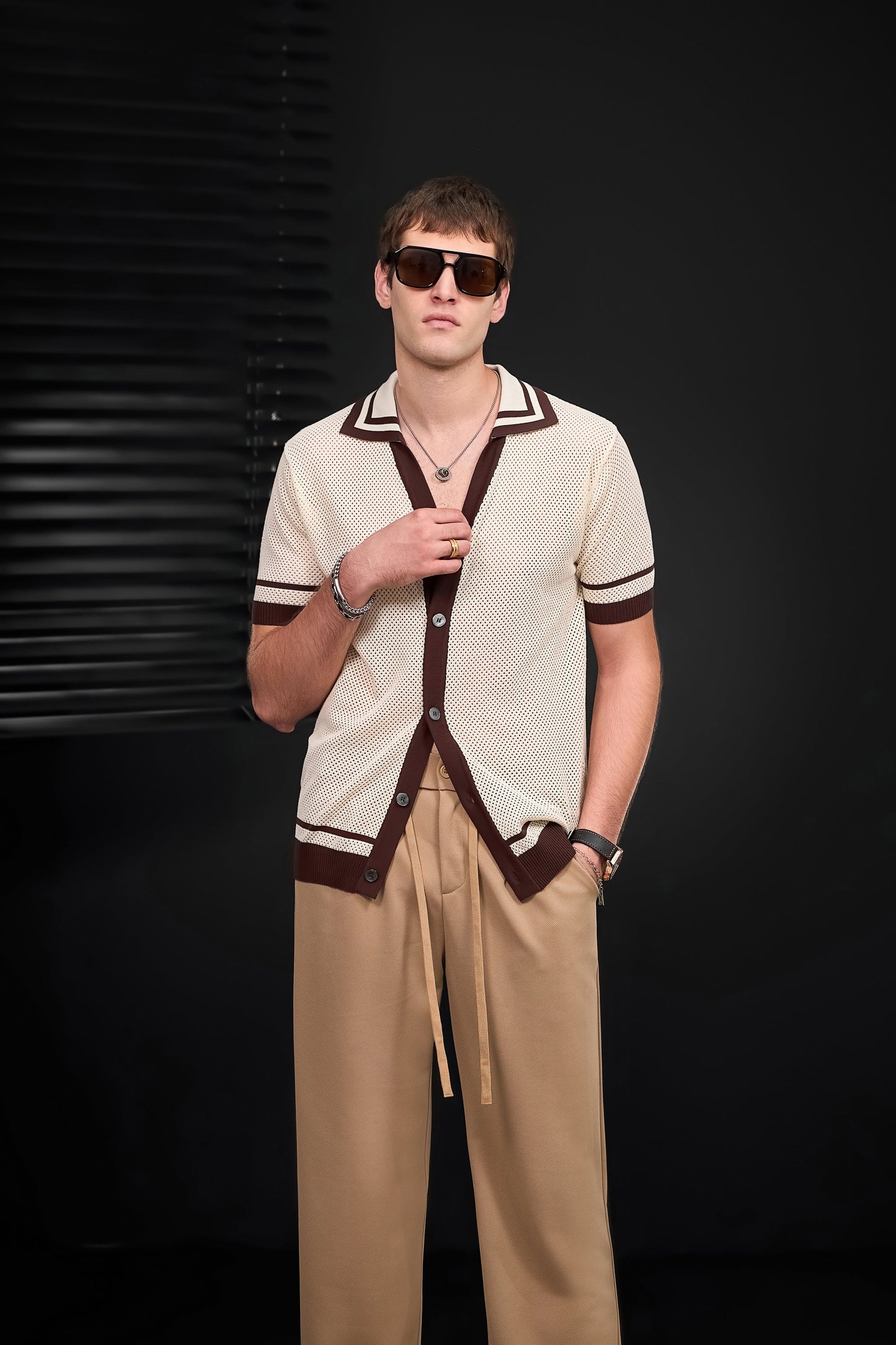 Contrast Trim Mesh Knit Button-Up IVORY