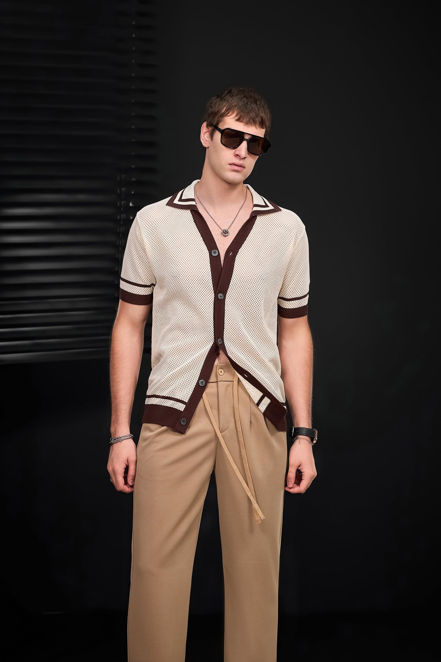 Contrast Trim Mesh Knit Button-Up IVORY