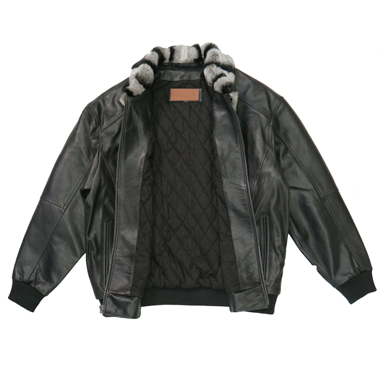 Kashani Chinchilla Collar Black Lambskin Bomber Jacket - Dudes Boutique