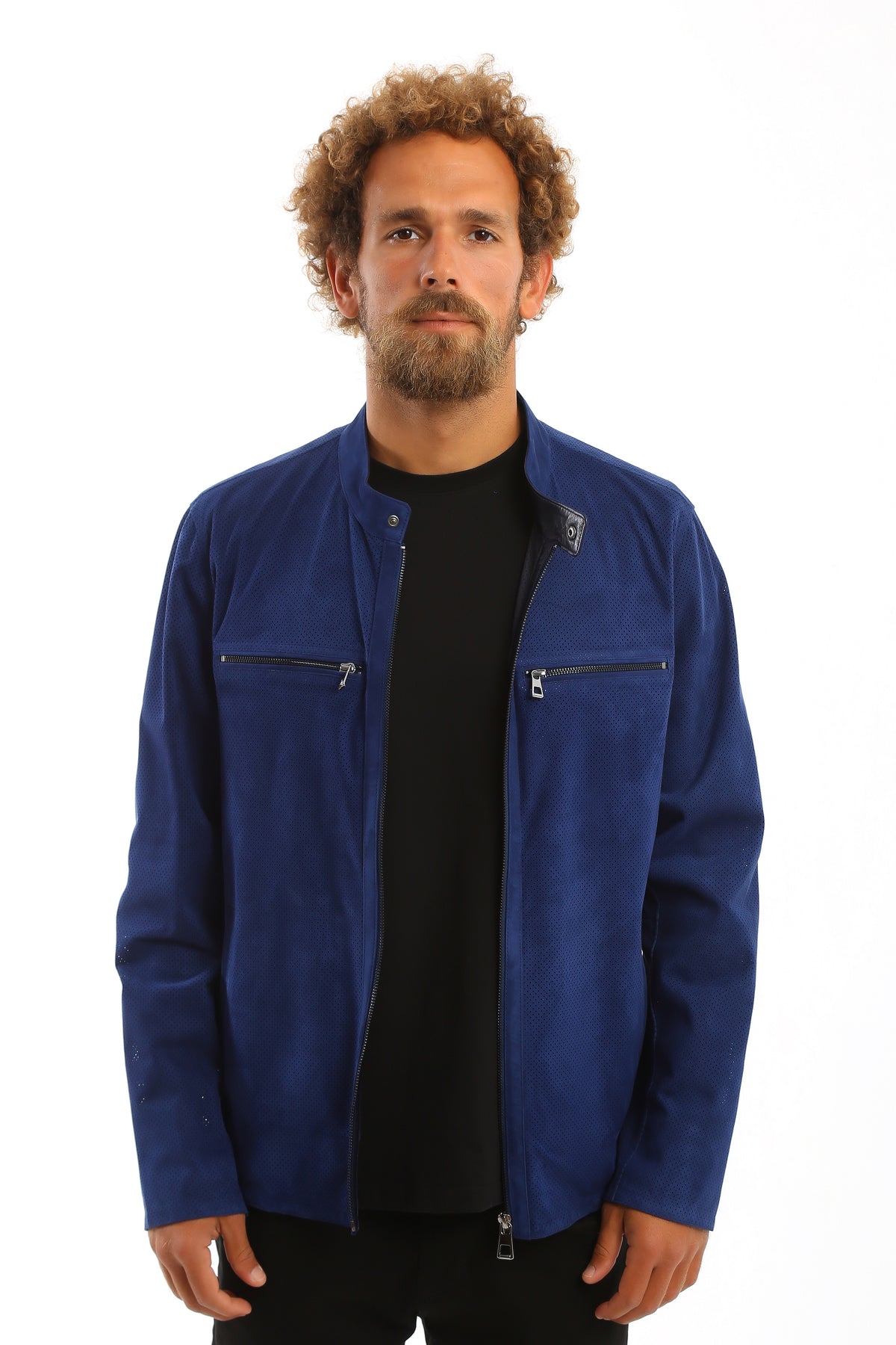 Kashani men's royal blue perforated suede jacket