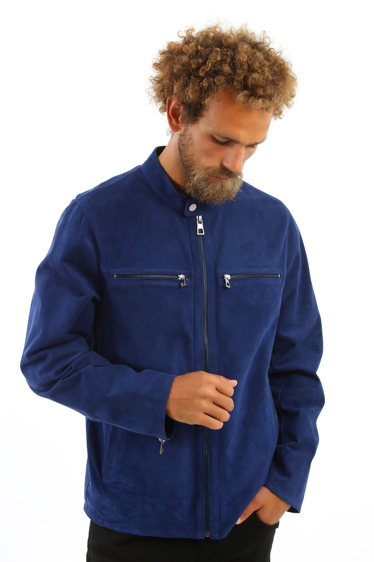 Kashani men's royal blue perforated suede jacket