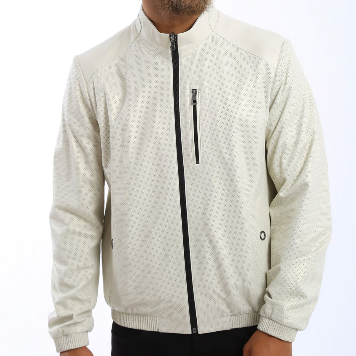 Kashani white perforated leather and navy print reversible bomber jacket