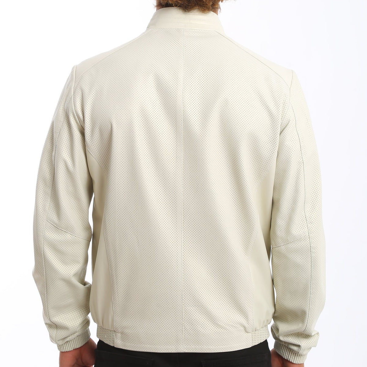 Kashani white perforated leather and navy print reversible bomber jacket