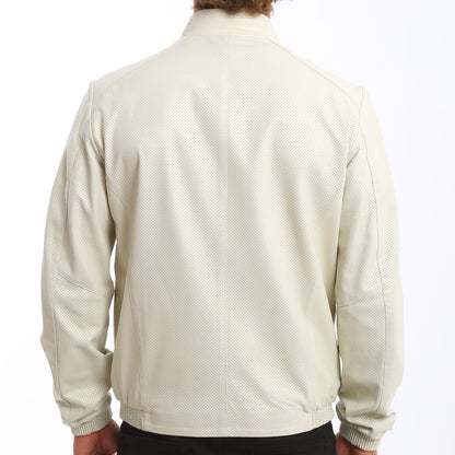Kashani white perforated leather and navy print reversible bomber jacket
