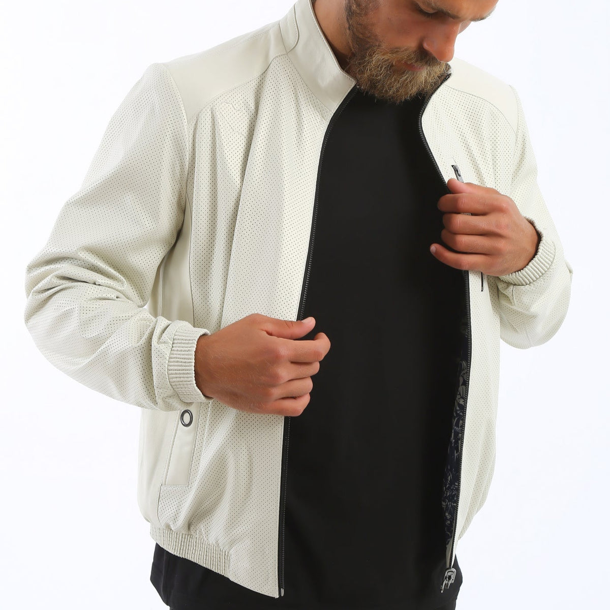 Kashani white perforated leather and navy print reversible bomber jacket