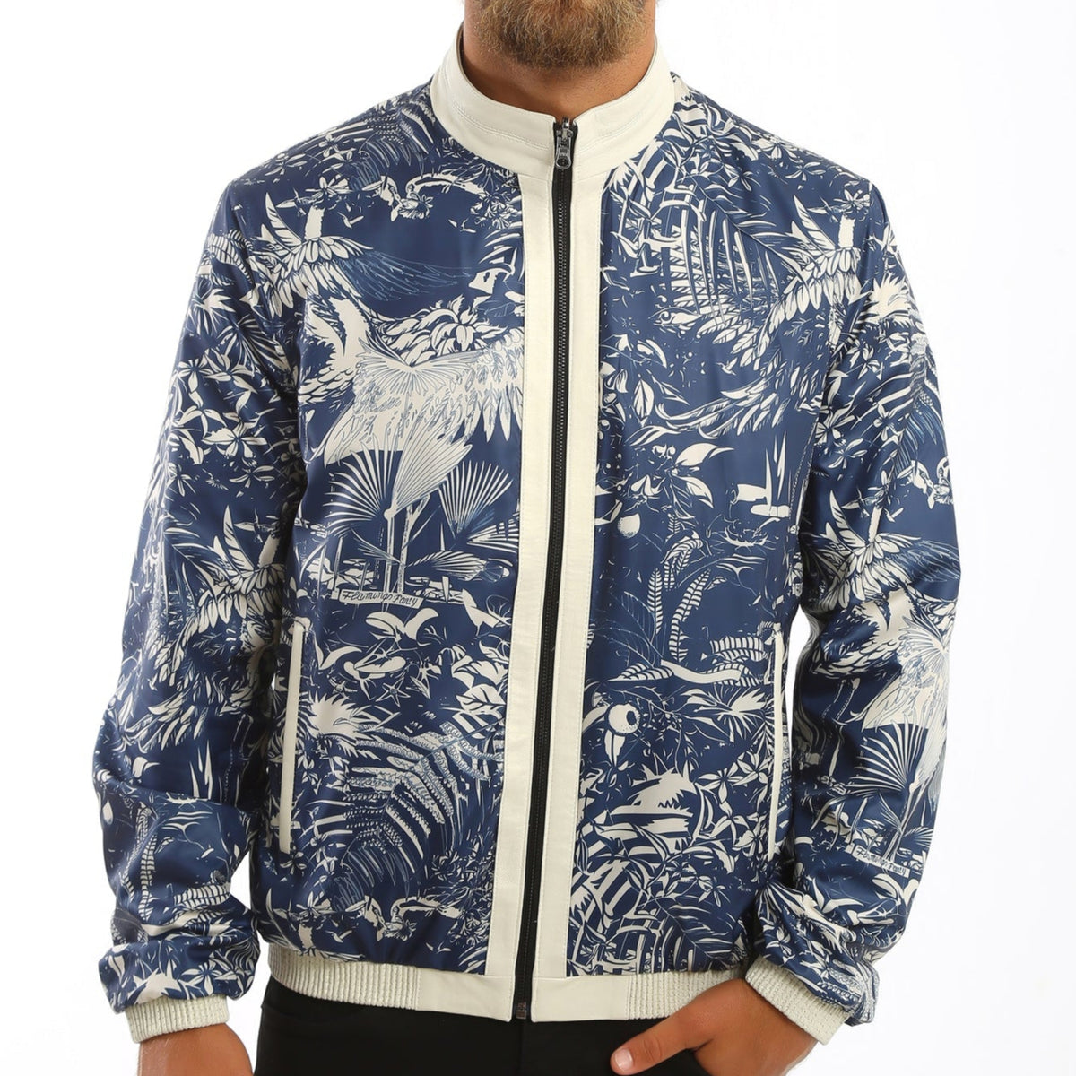 Kashani white perforated leather and navy print reversible bomber jacket