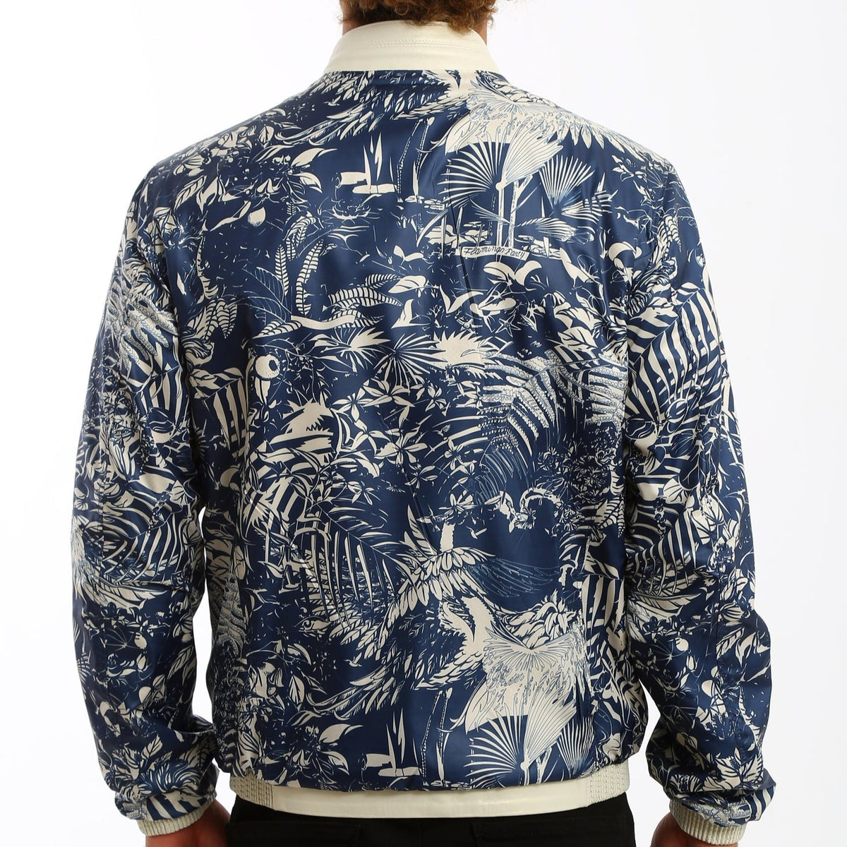 Kashani white perforated leather and navy print reversible bomber jacket