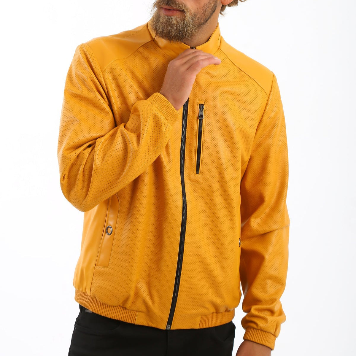 Kashani Men's Mustard Yellow Perforated Leather Reversible Bomber Jacket - Dudes Boutique