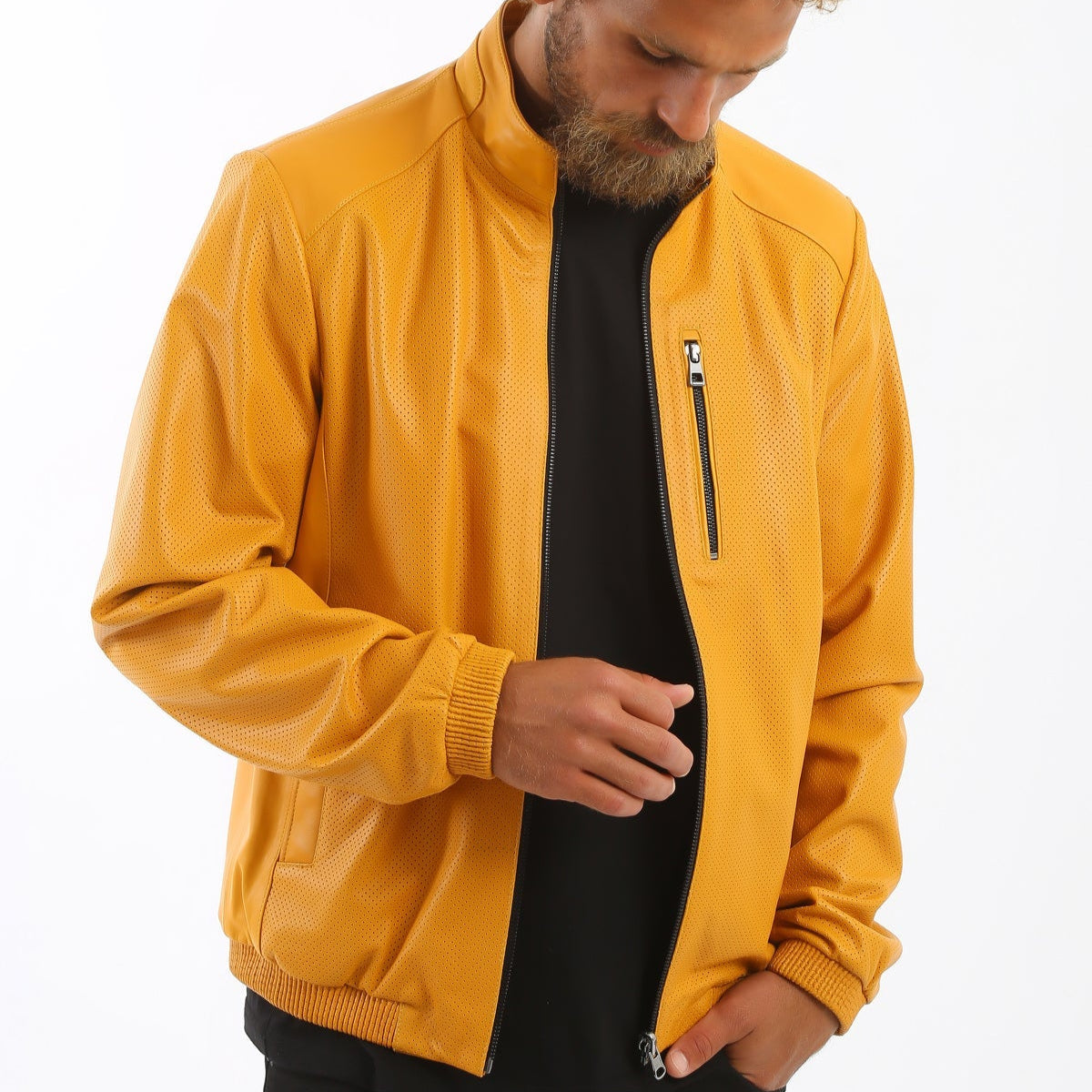 Kashani Men's Mustard Yellow Perforated Leather Reversible Bomber Jacket - Dudes Boutique