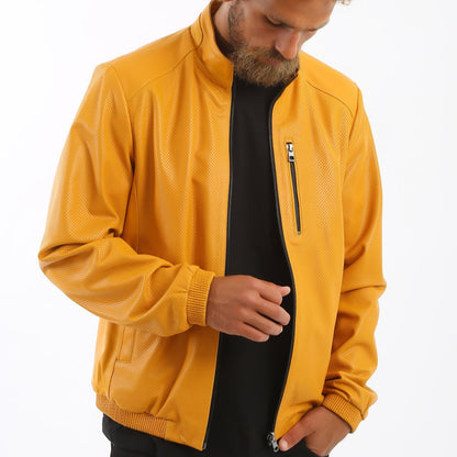 Kashani Men's Mustard Yellow Perforated Leather Reversible Bomber Jacket - Dudes Boutique