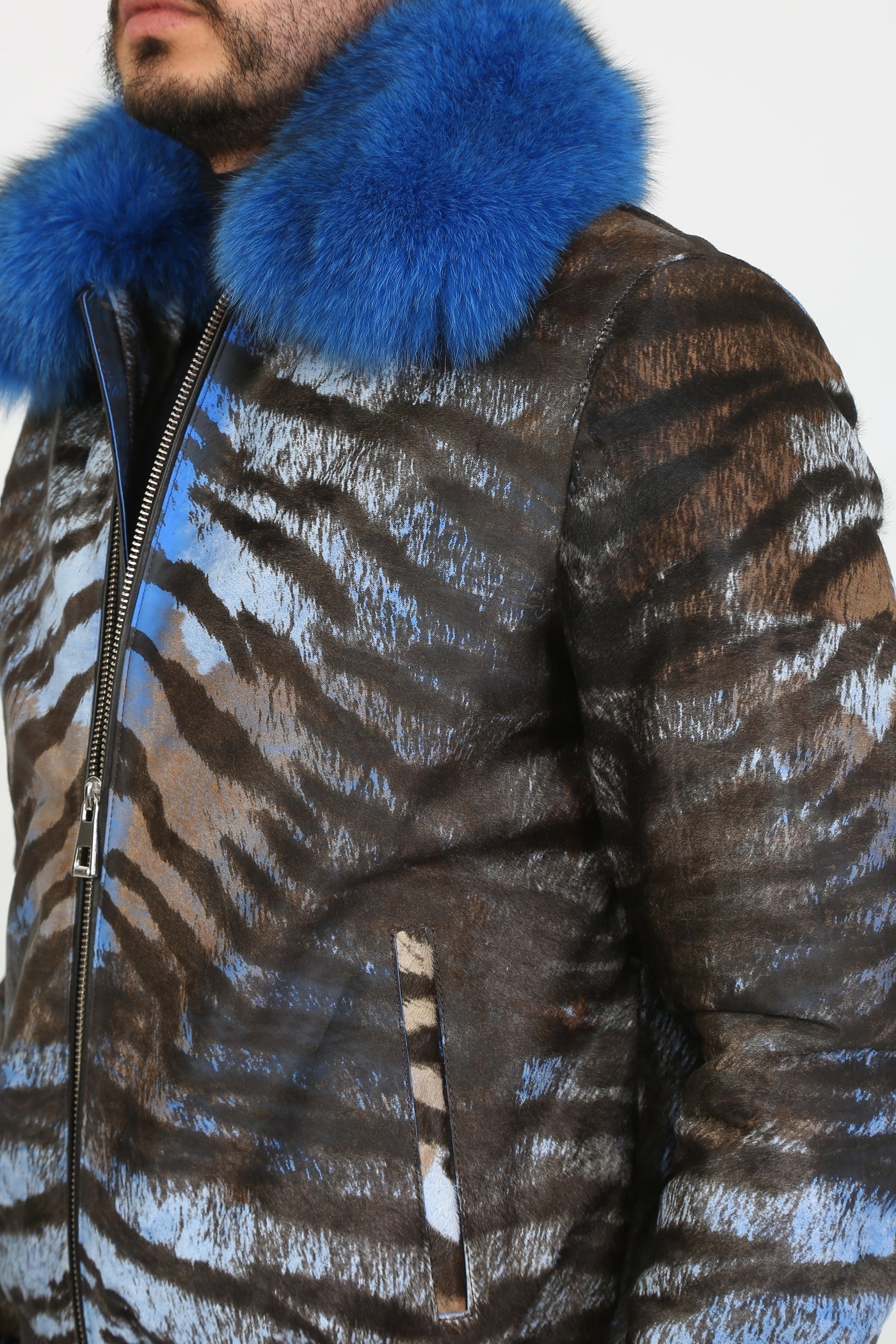 Kashani Royal Blue Pony Hair / Fox Fur Tiger Motif Bomber Jacket - Dudes Boutique