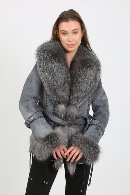 Kashani Grey Distressed Leather Jacket with Fox Fur Collar & Cuffs - Dudes Boutique