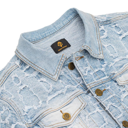 Patchwork Distressed Denim Jacket + Jeans SET - LIGHT BLUE - Dudes Boutique
