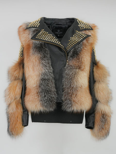 Temer Ladies OTOBAN Natural Fox Fur Studded Biker Jacket
