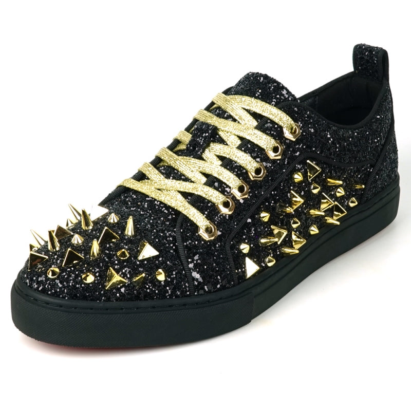 Fiesso Black & Gold Spiked Crystal Low Top Sneakers