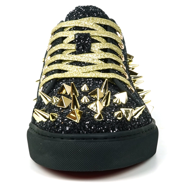Fiesso Black & Gold Spiked Crystal Low Top Sneakers - Dudes Boutique