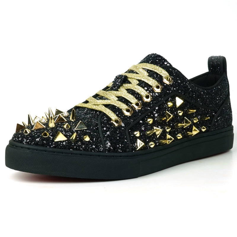 Fiesso Black & Gold Spiked Crystal Low Top Sneakers - Dudes Boutique