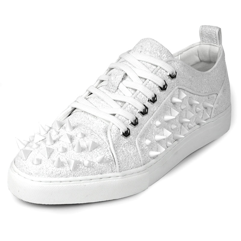 Fiesso White Spiked Crystal Low Top Sneakers