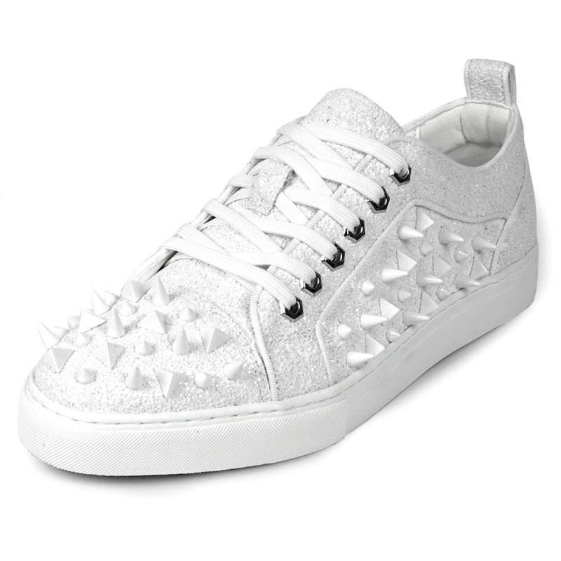 Fiesso White Spiked Crystal Low Top Sneakers - Dudes Boutique