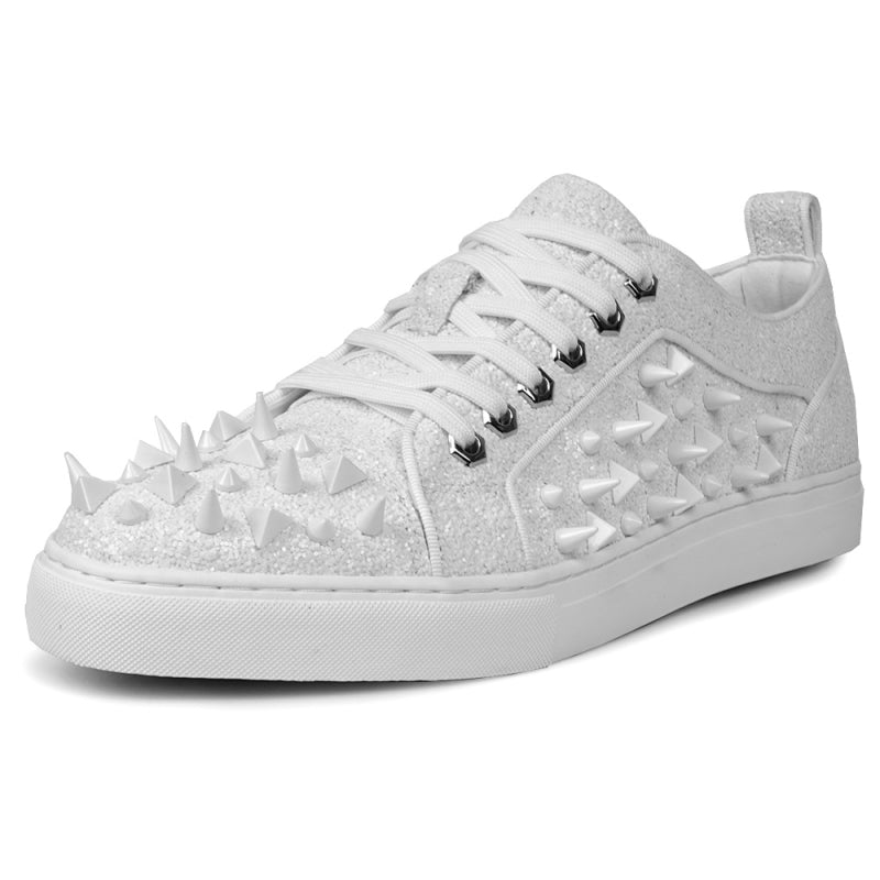 Fiesso White Spiked Crystal Low Top Sneakers - Dudes Boutique