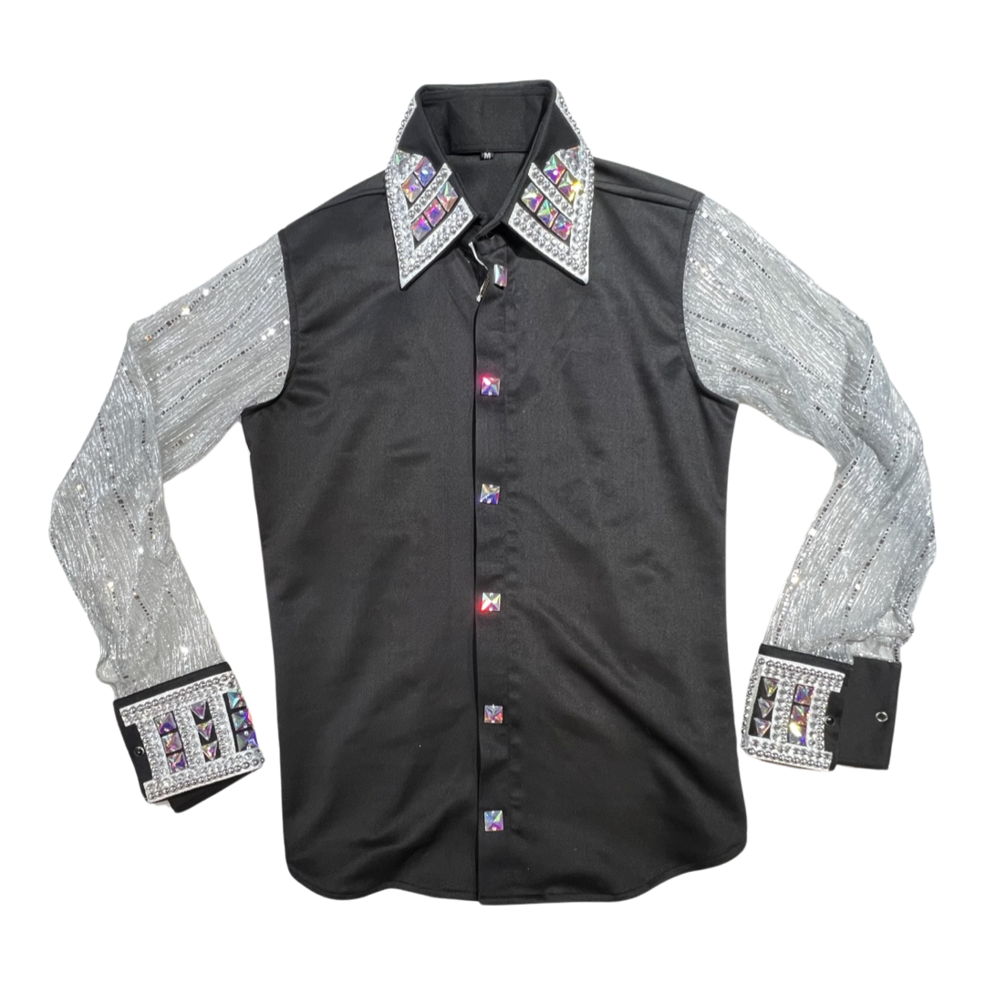 Kashani Black & Silver Royal Hyper Crystal Button-Up Zip Shirt - Dudes Boutique