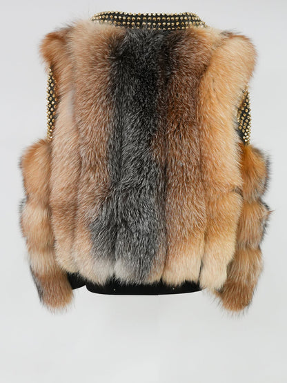 Kashani Ladies OTOBAN Natural Fox Fur Studded Biker Jacket - Dudes Boutique