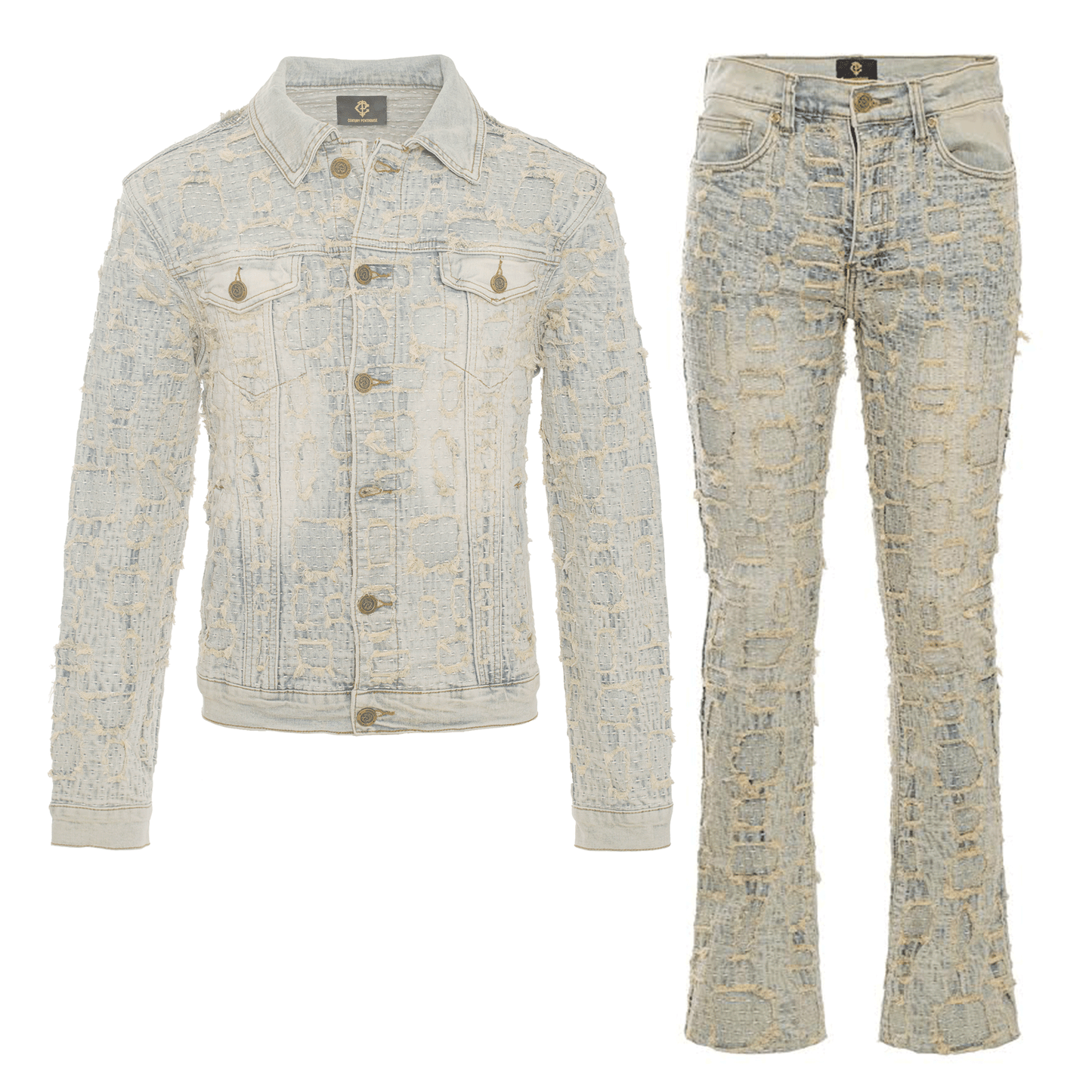 Patchwork Distressed Denim Jacket + Jeans SET - TAN - Dudes Boutique