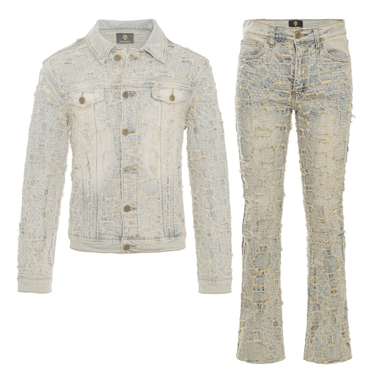 Patchwork Distressed Denim Jacket + Jeans SET - TAN - Dudes Boutique