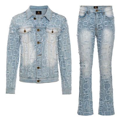 Patchwork Distressed Denim Jacket + Jeans SET - LIGHT BLUE - Dudes Boutique