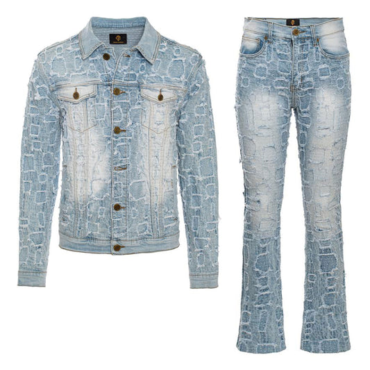 Patchwork Distressed Denim Jacket + Jeans SET - LIGHT BLUE - Dudes Boutique