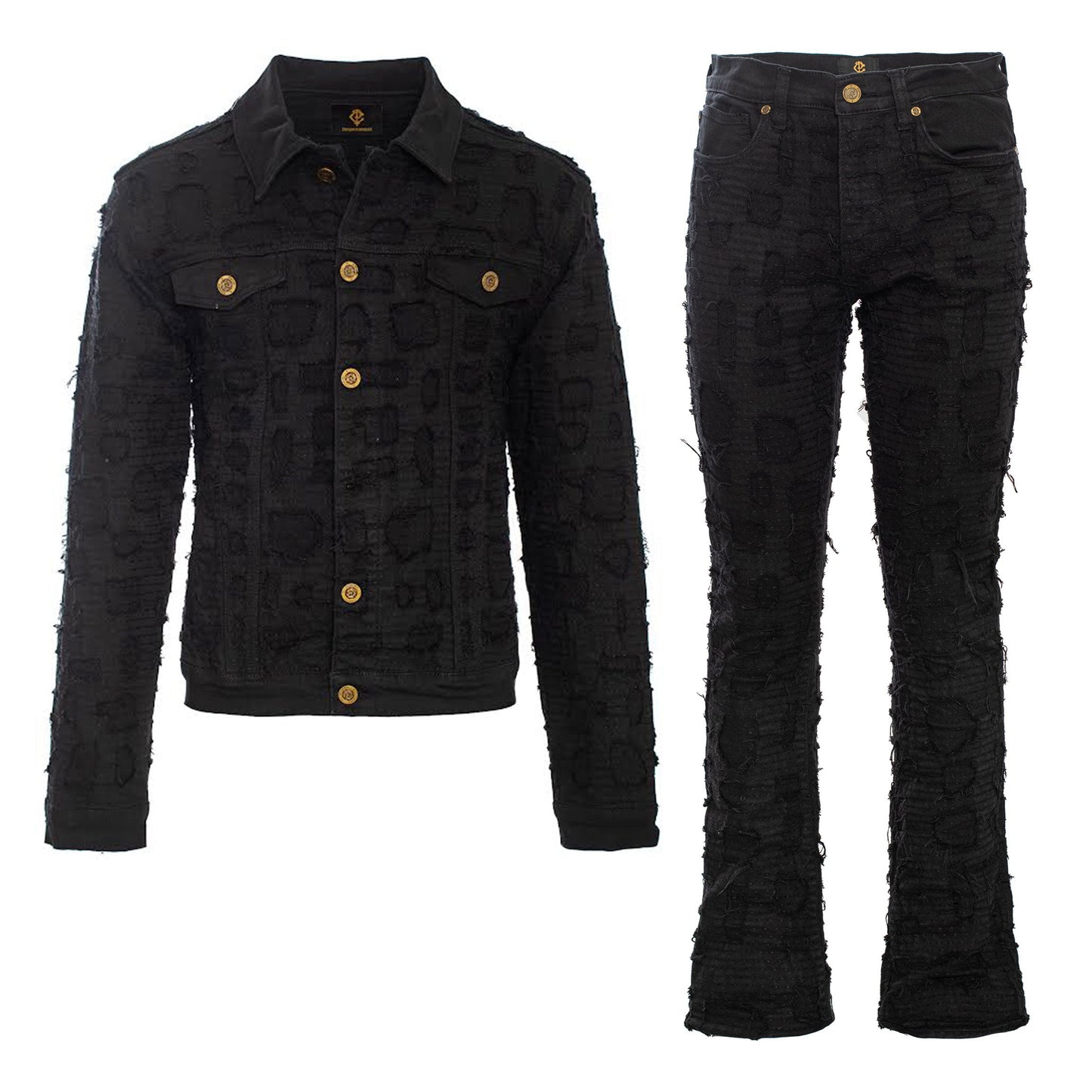 Patchwork Distressed Denim Jacket + Jeans SET - BLACK - Dudes Boutique