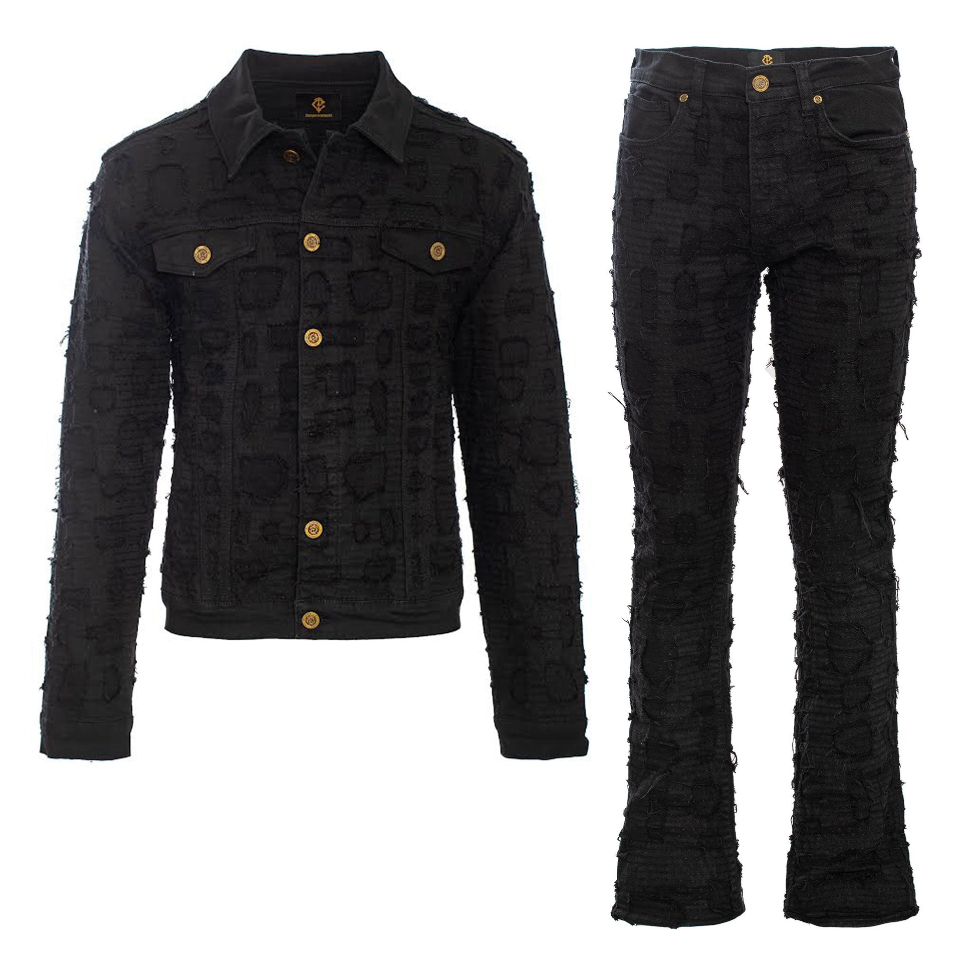 Patchwork Distressed Denim Jacket + Jeans SET - BLACK - Dudes Boutique