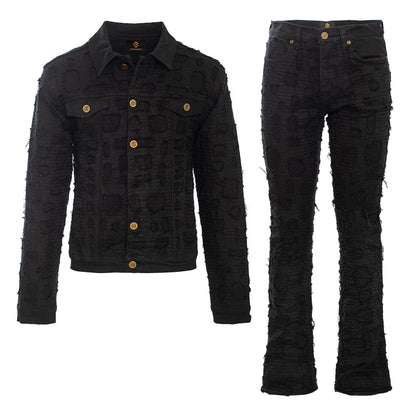 Patchwork Distressed Denim Jacket + Jeans SET - BLACK - Dudes Boutique
