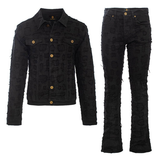 Patchwork Distressed Denim Jacket + Jeans SET - BLACK - Dudes Boutique