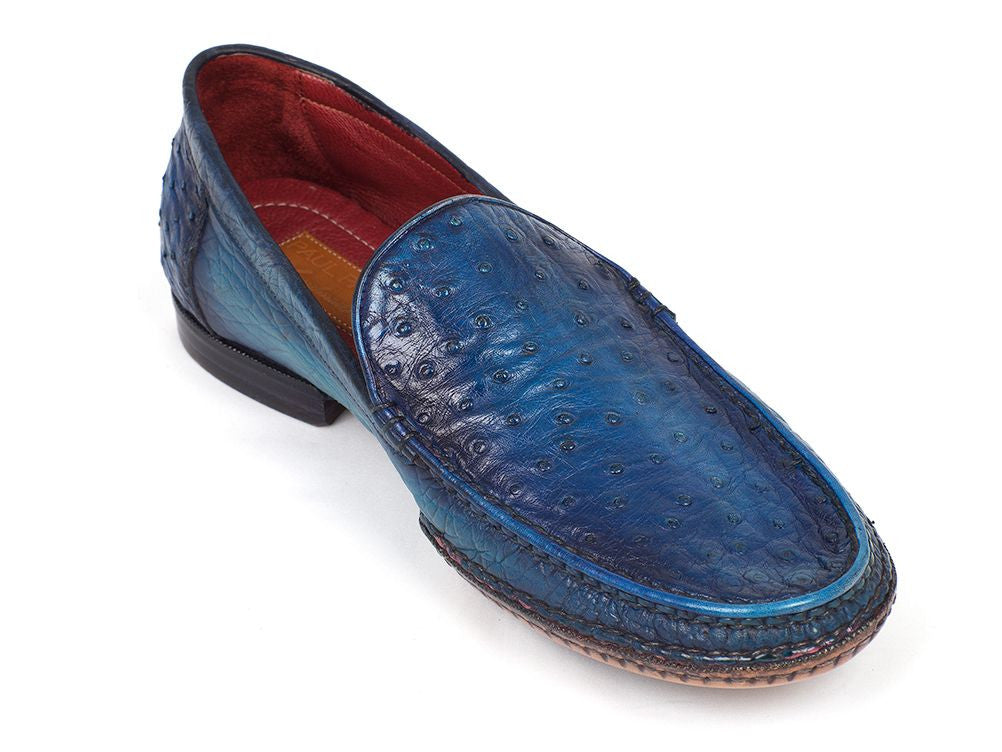 Paul Parkman Men's Blue Genuine Ostrich Opanka Stitched Moccasins