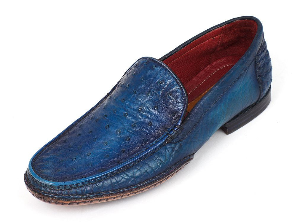 Paul Parkman Men's Blue Genuine Ostrich Opanka Stitched Moccasins