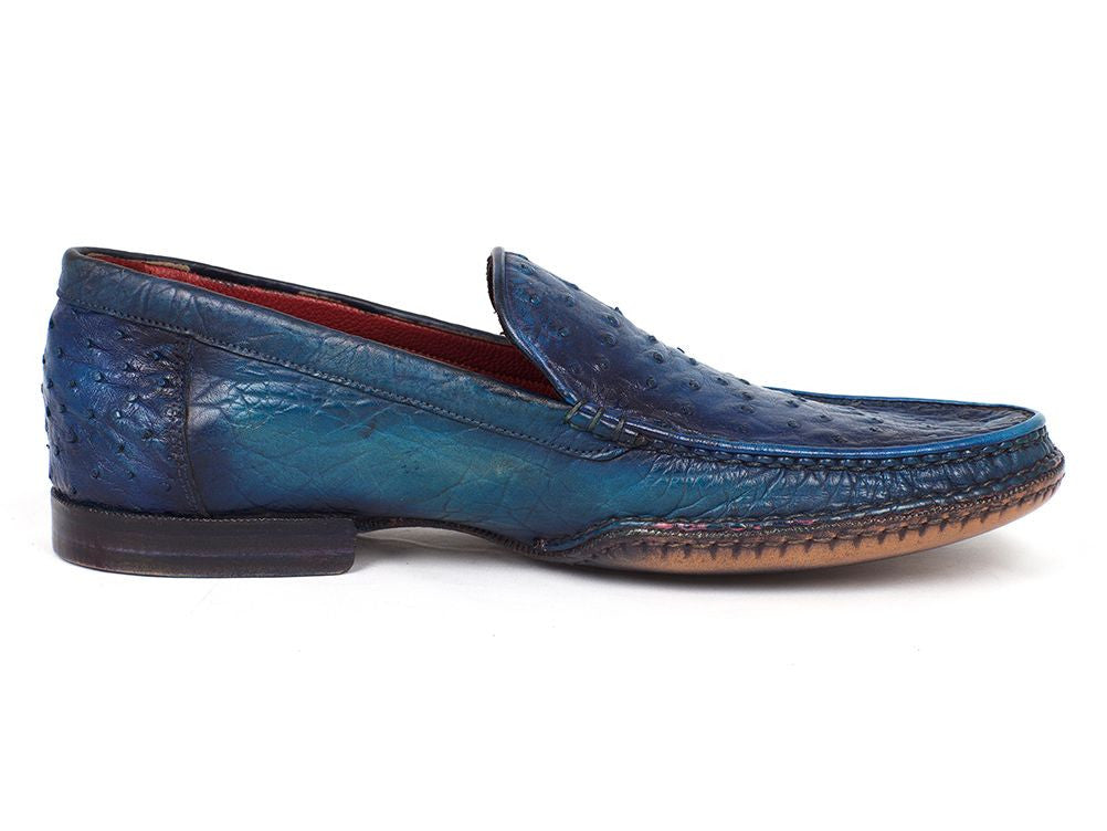 Paul Parkman Men's Blue Genuine Ostrich Opanka Stitched Moccasins