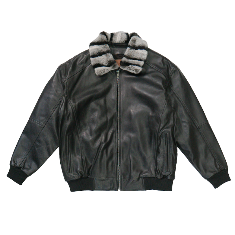 Kashani Chinchilla Collar Black Lambskin Bomber Jacket - Dudes Boutique