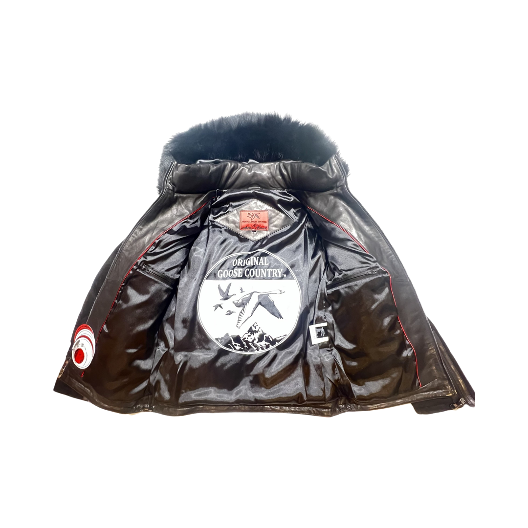 Goose Country Black Suede Fox Fur Hooded Lambskin Puffer Jacket - Dudes Boutique