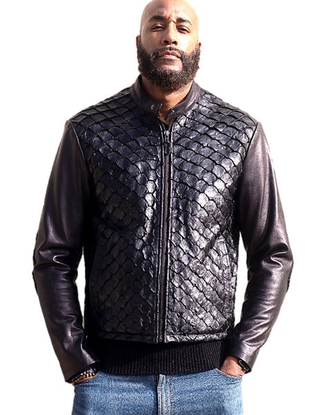Kashani Black Pirarucu Fish / Lambskin Leather Jacket - Dudes Boutique
