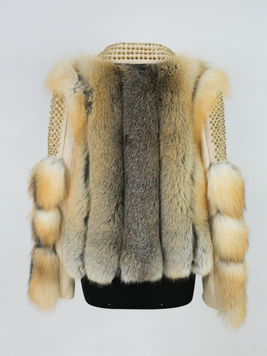 Temer Ladies Golden Island Fox Fur Studded Biker Jacket - Dudes Boutique