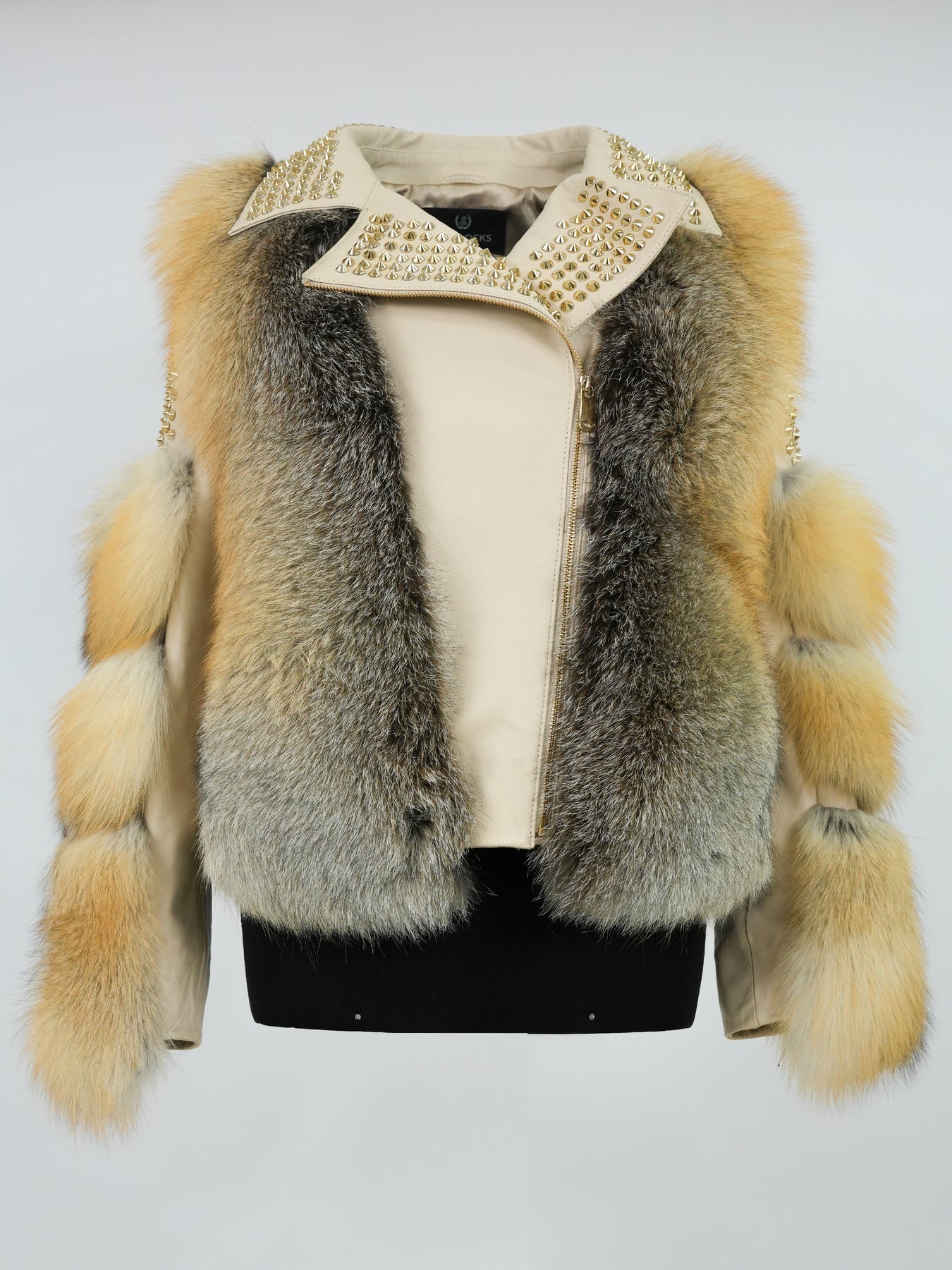 Temer Ladies Golden Island Fox Fur Studded Biker Jacket - Dudes Boutique