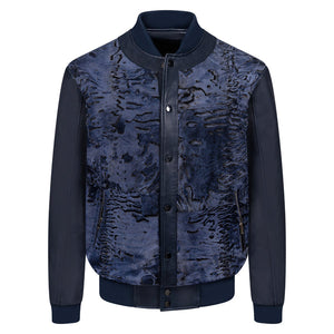 Kashani Navy Blue Persian Lamb Leather Bomber Jacket - Dudes Boutique