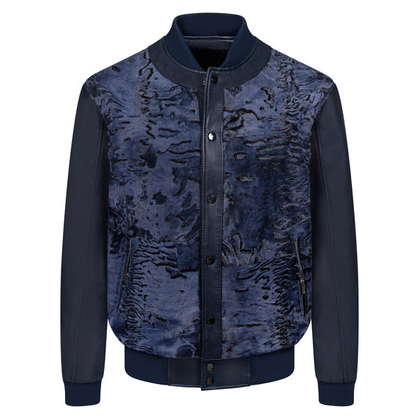 Kashani Navy Blue Persian Lamb Leather Bomber Jacket - Dudes Boutique