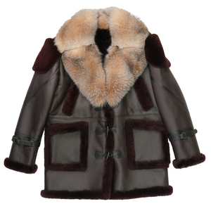 Kashani Red Fox Collar Burgundy Outlined 3/4 Shearling Coat - Dudes Boutique