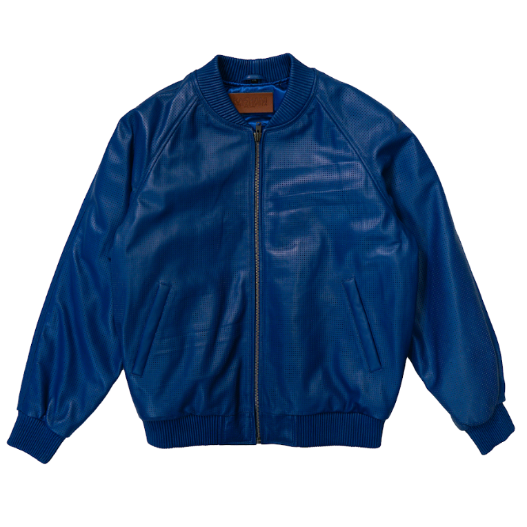 Kashani Blue Perforated Lambskin MA-1 Bomber Jacket - Dudes Boutique